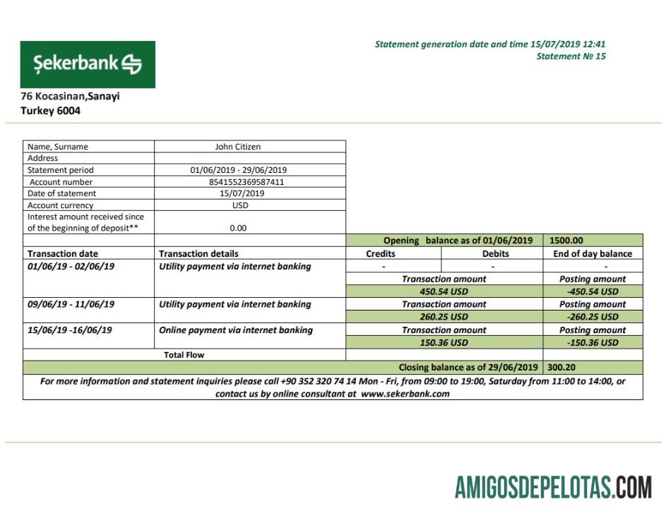 Modelo de extrato bancário do Sekerbank da Turquia para impressão em formato .doc e .pdf, totalmente editável